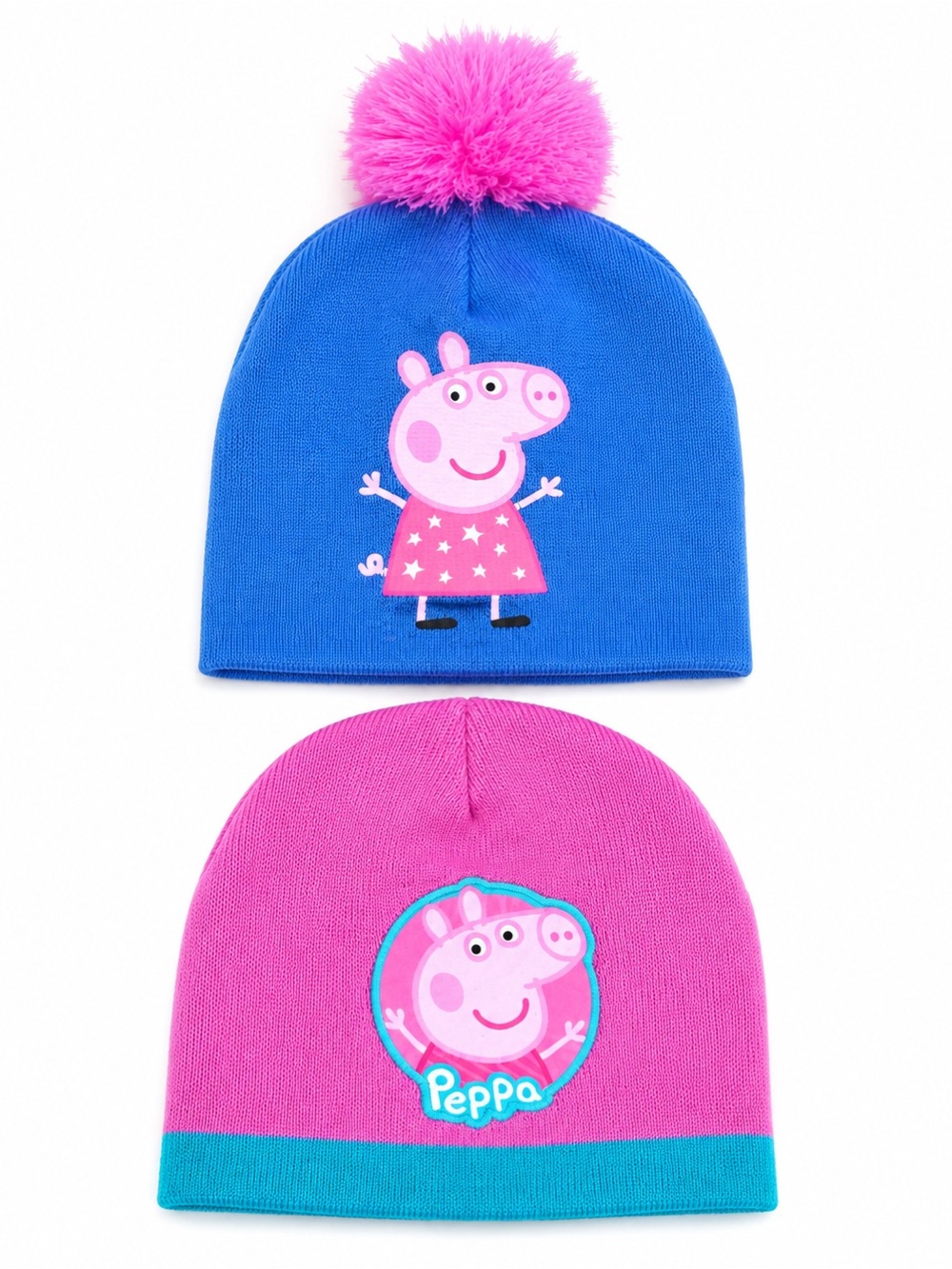 Peppa Pig Blue & Bright Pink Kids Beanie Duo with Pom Pom